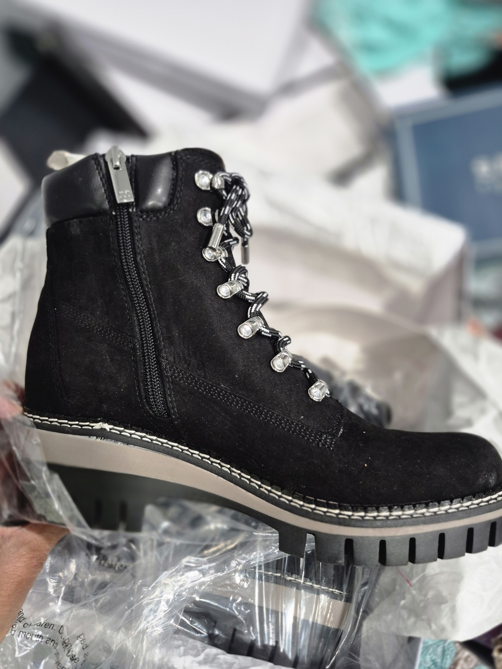 Jennifer Lopez Black Suede Lace-Up Combat Boots with Lug Sole